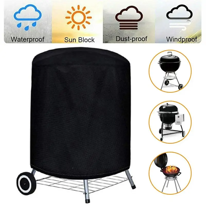 

Round Black Outdoor Grill Cover Fire Pit Stove BBQ Covers Waterproof Heavy Duty Garden 210D Cloth Electric BBQ Protection Cover