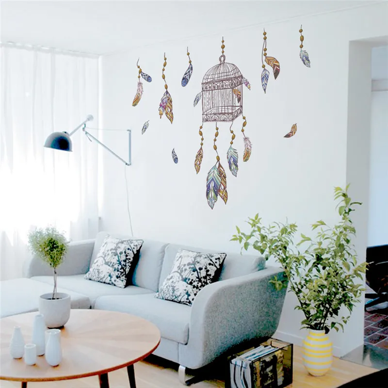 ציפור כלוב נוצות צבעוני קיר מדבקות למשרד חדר שינה קישוט בסגנון הודי יצירתי אמנות ציור קיר אמנות decal הבית decal
