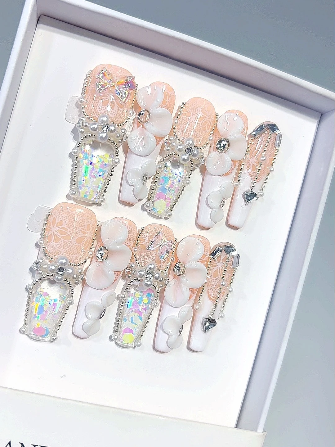 

Pastel Peach Resin Press on Nails - 3D Flower Lace Rhinestone Accent False Nails Handmade for Women（O017）