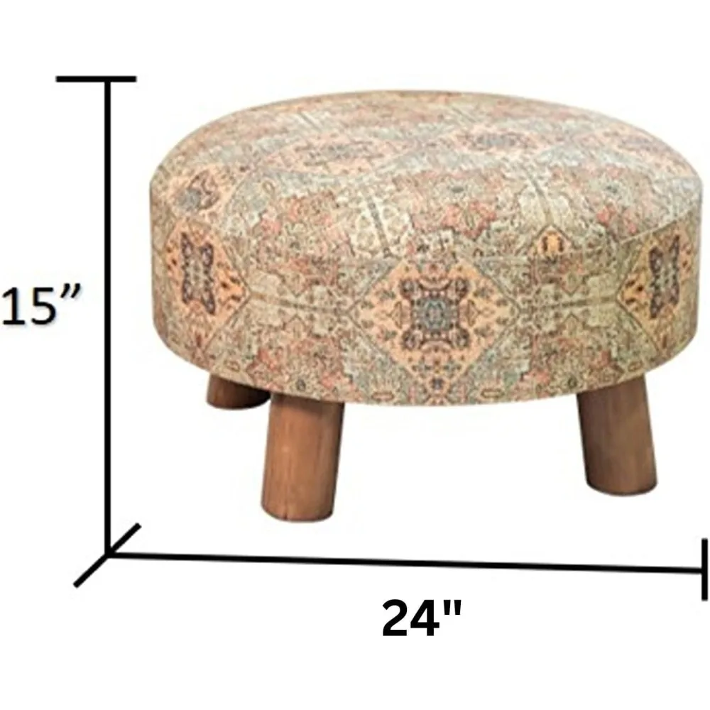 Ethnic Print Round 100% Cotton Upholstered Ottoman Foot Rest Stool with Bamboo Legs