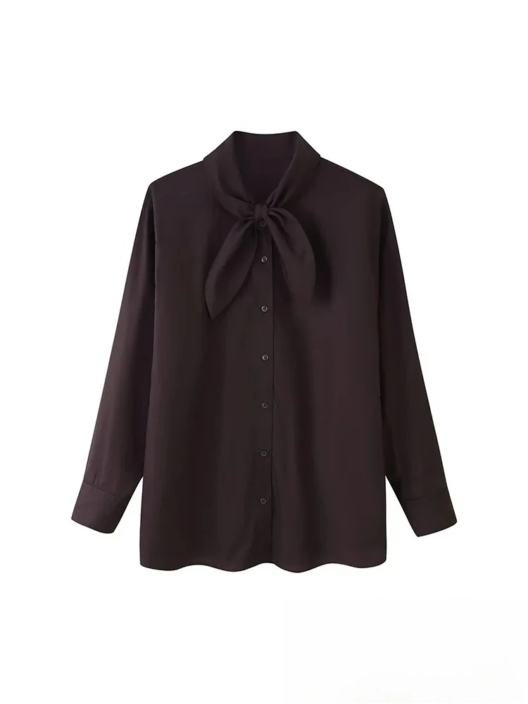 

KONDALA винтажная повседневная женская блузка с однотонным шарфом и воротником, однобортная свободная блузка с длинными рукавами, модная осенняя женская рубашка 2025 года