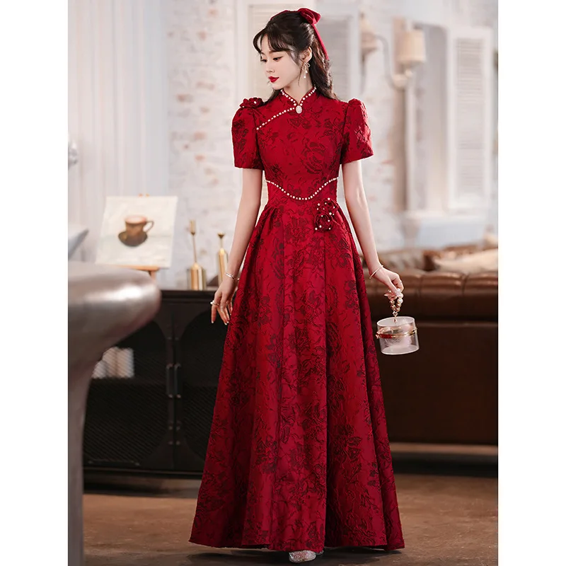 Jacquard Beads Prom Dress Vintgae Chinese Style Burgundy Women Qipao Toast Clothing Evening Party Dress Palace Style Maxi Dress