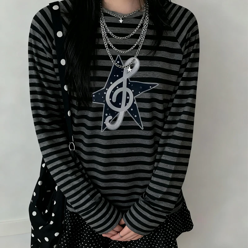 Vintage Retro Striped Long-sleeved Women T Shirt Musical Note Star Print Autumn Loose Casual Oversize Top Streetwear Y2k Trend