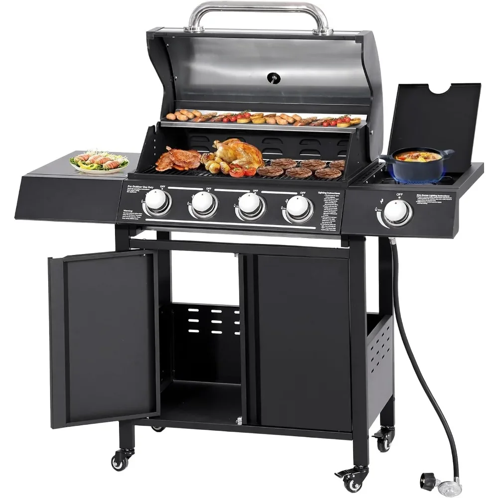 4 Burner Extra Large BBQ Grill, Side Burner and Wheels, Cast Iron Cooking Grate, Outdoor Cooking Grill