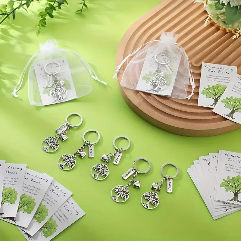 20pcs/set Life Tree Keychains with Gift Bag Remembering Our Roots Card Family Party Decorative Keyring Gift for Family Day