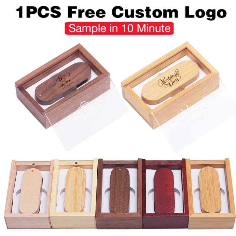 

Free Custom Logo USB Flash Drive 128GB 64GB 32GB Transparent Cover Memory Stick 16GB 8G Rotatable Wooden Push-pull Box Pen Drive