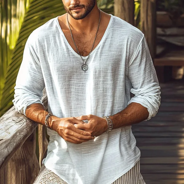 

Men's casual loose V-neck thin long sleeved breathable T-shirt, trendy vacation T-shirt