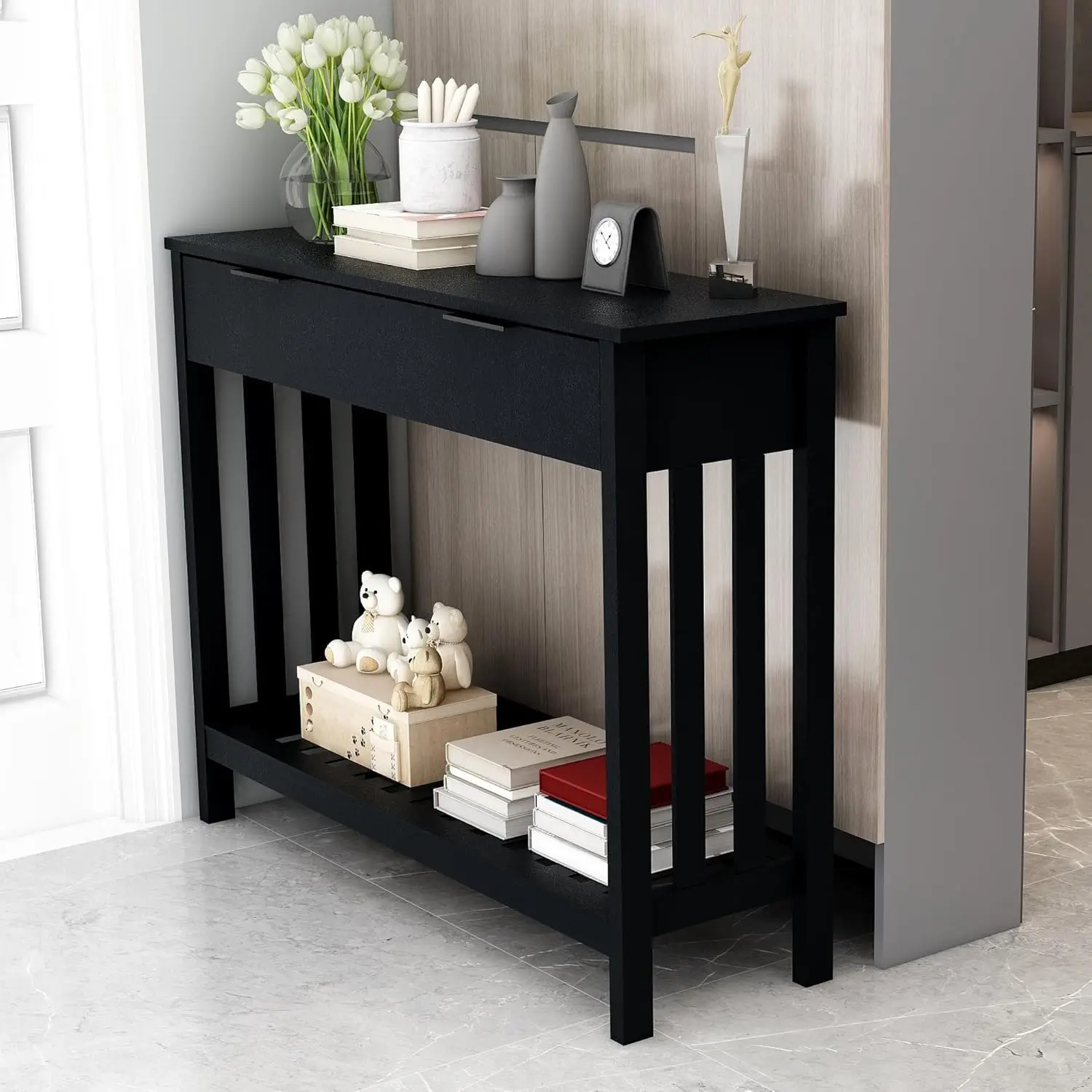 

Black Entryway Table with Drawer Modern Wood Narrow Console Table with Storage, Hallway Sofa Tables for Living Room, Black