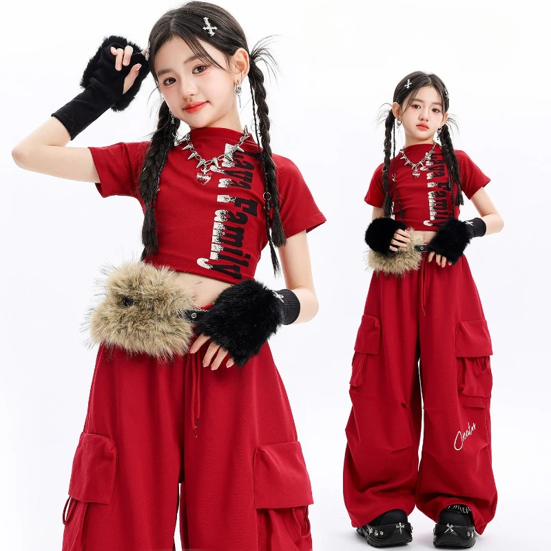 

Girls Streetwear Hip Hop Clothes Sets Red T Shirt Cargo Pants Fashion Street Dance Outfits Group Jazz Cool Costumes Stage Wear