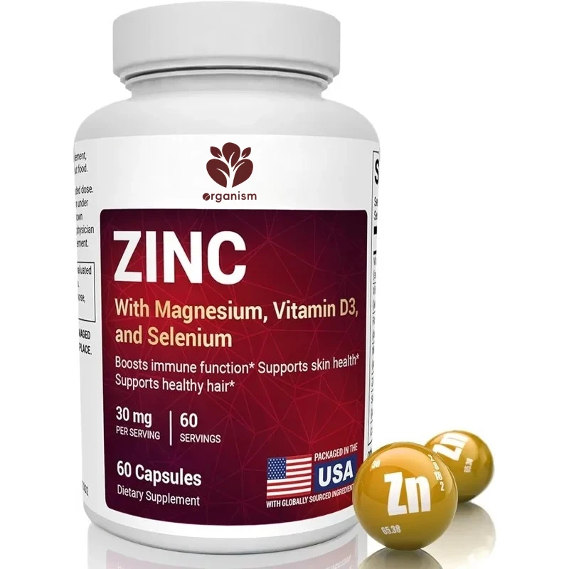 Zinc 30mg, rich in magnesium, vitamin D3, selenium, and copper - used for immune, skin, hair, and nail support -60 capsules