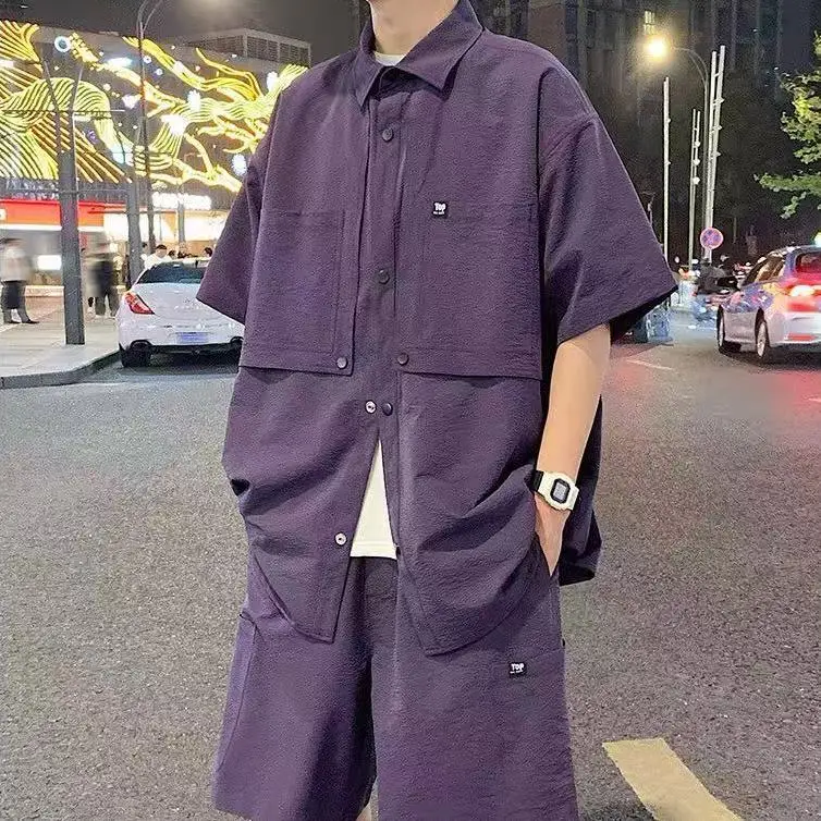 Men's Oversized Summer Tracksuit Stylish Work Shirt Short Sleeve Set Loose Trendy Couple Casual Matching Shorts Suit Clothes Set