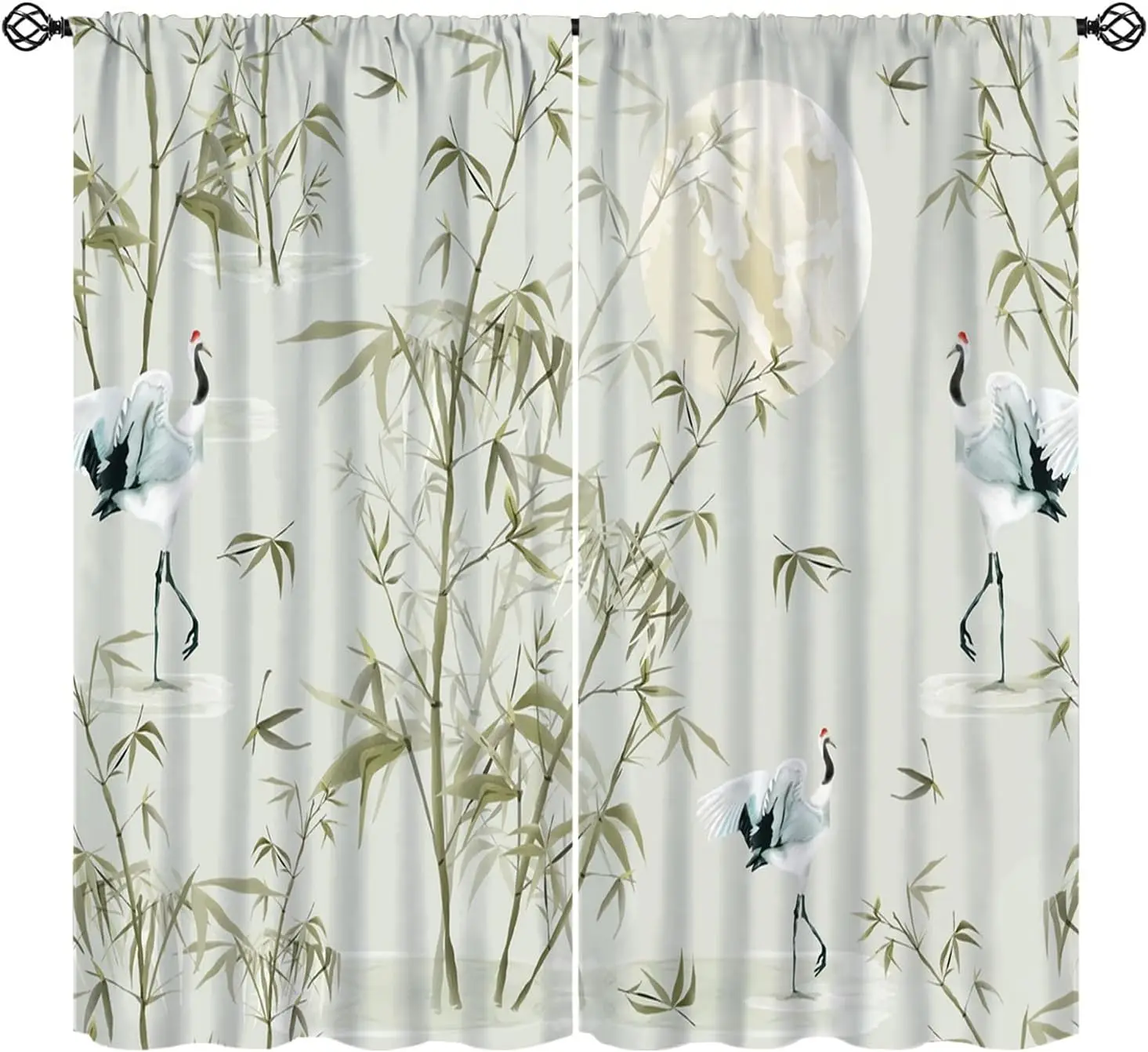 Elegant Bamboo Crane Moon Curtains 2pcs Pair Asian Window Drapes Zen Style Forest Pattern Curtains for Living Room Bedroom Home