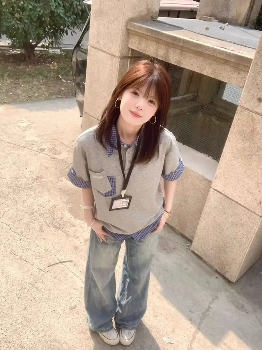 

Women's Polo Collar Patchwork Checkered Short Sleeved T-shirt Fashion Chic Pullover Sweater Female Retro Loose Tops