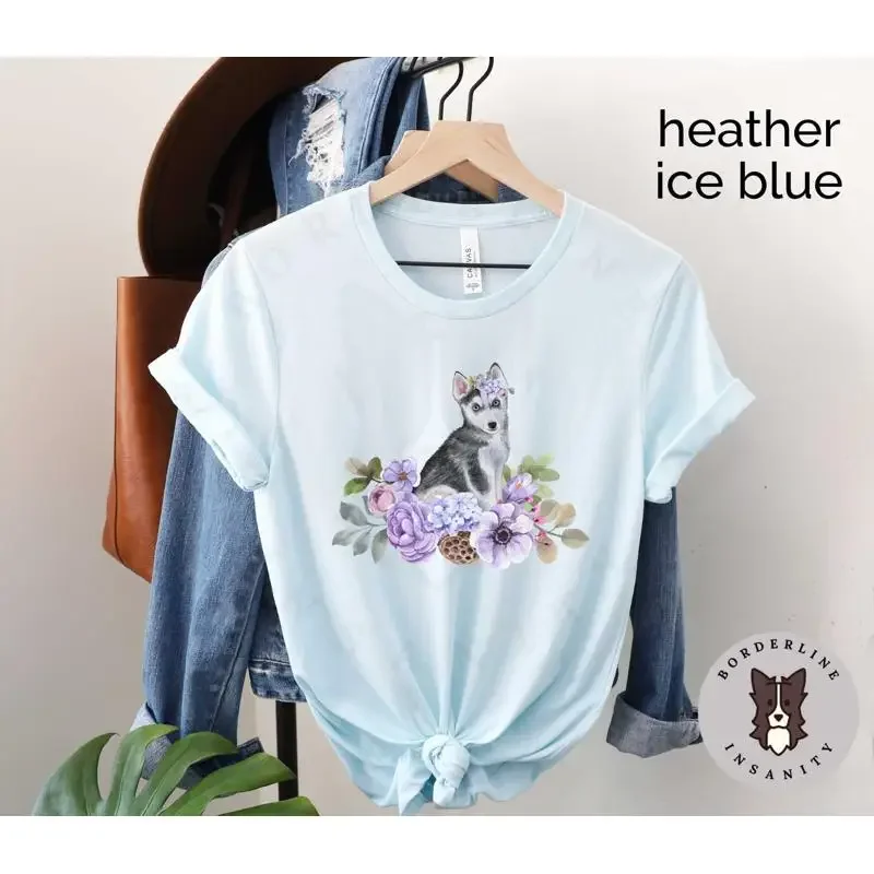 Floral Husky Puppy Jersey T Shirt for Him or Her Owner Lover Dog Mom