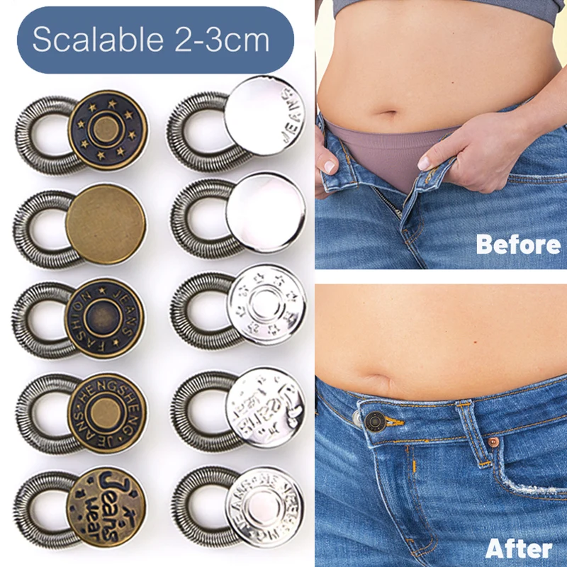 10Pcs Jeans Waist Extension Free Sewing Adjustable Retractable Stretch Button Spring Trousers General Metal Buttons Accessories