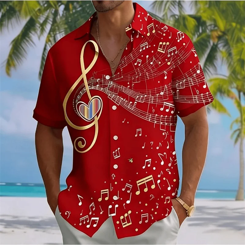 Summer Men's Personalized Musical Style Short-Sleeve Shirt, Musical Note Print, Loose Fit, Breathable, Casual Vacation Shirt