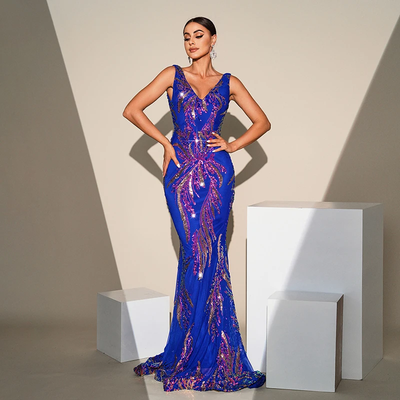 

Sexy Summer Women Sleeveless Backless V Neck Blue Vestido De Festa Sequined Prom Cocktail Party Evening Long Dresses