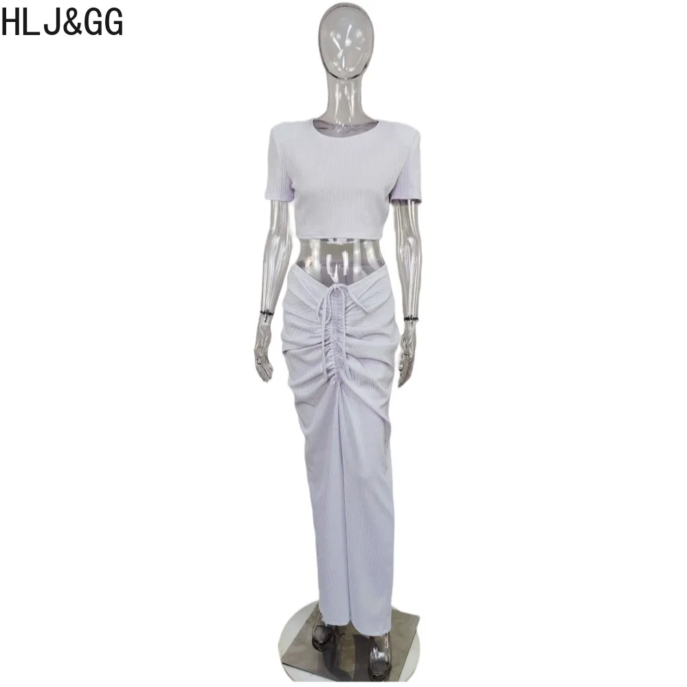 HLJ&GG Sexy Solid Color Ruched Drawstring Skinny Skirts Two Piece Sets Women Round Neck Short Sleeve Crop Top And Skirts Outfits
