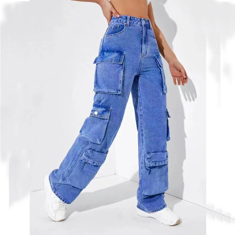 

Multi Pocket Denim Cargo Pants Women Streetwear Y2K 2024 Spring New Soild Strecth High Waist Button Fly Straight Jeans S-3XL