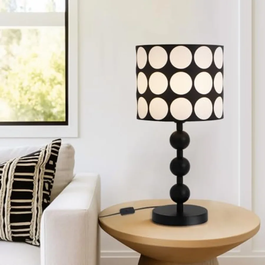 

Black Bedside Table LampWhite Dot Pattern Shade Modern Black Tall Desk Lamp for Living Room Bedroom Nightstand Office Metal Bas