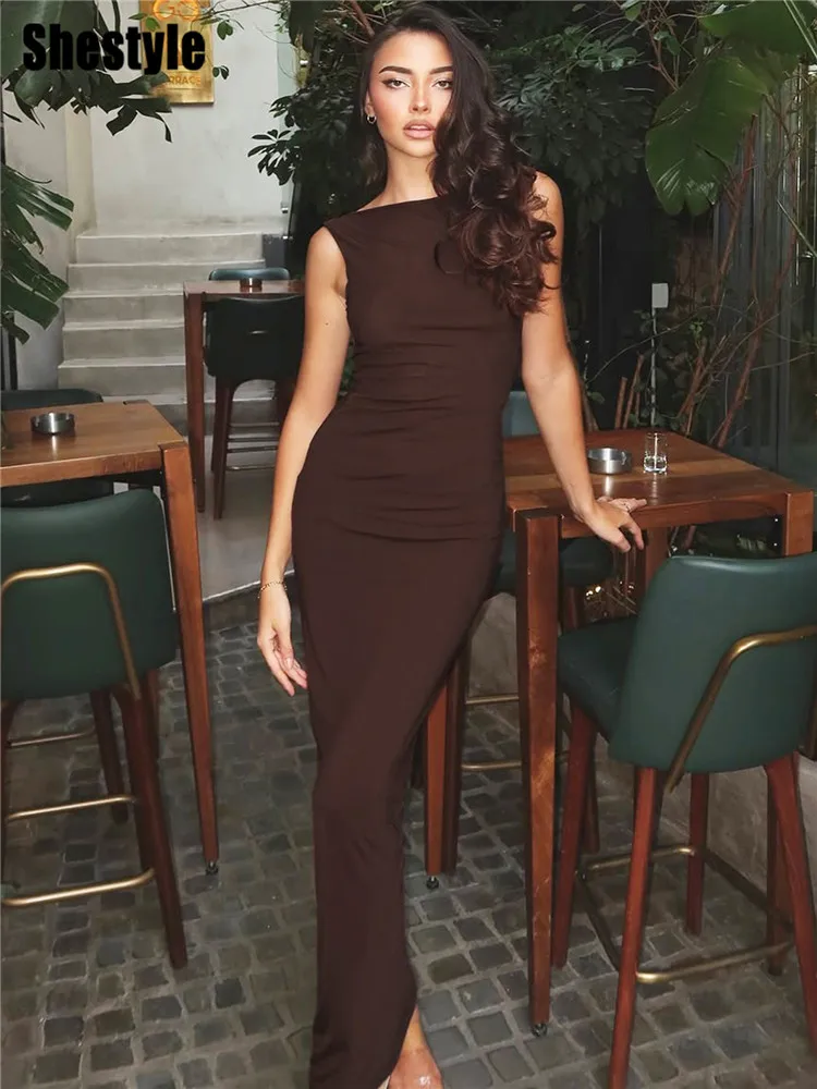 

Shestyle Backless Brown Meimaid Long Dress Sleeveless 2026 Summer Solid Slim Fashion Fantastic Skin Care Basic Streetwear