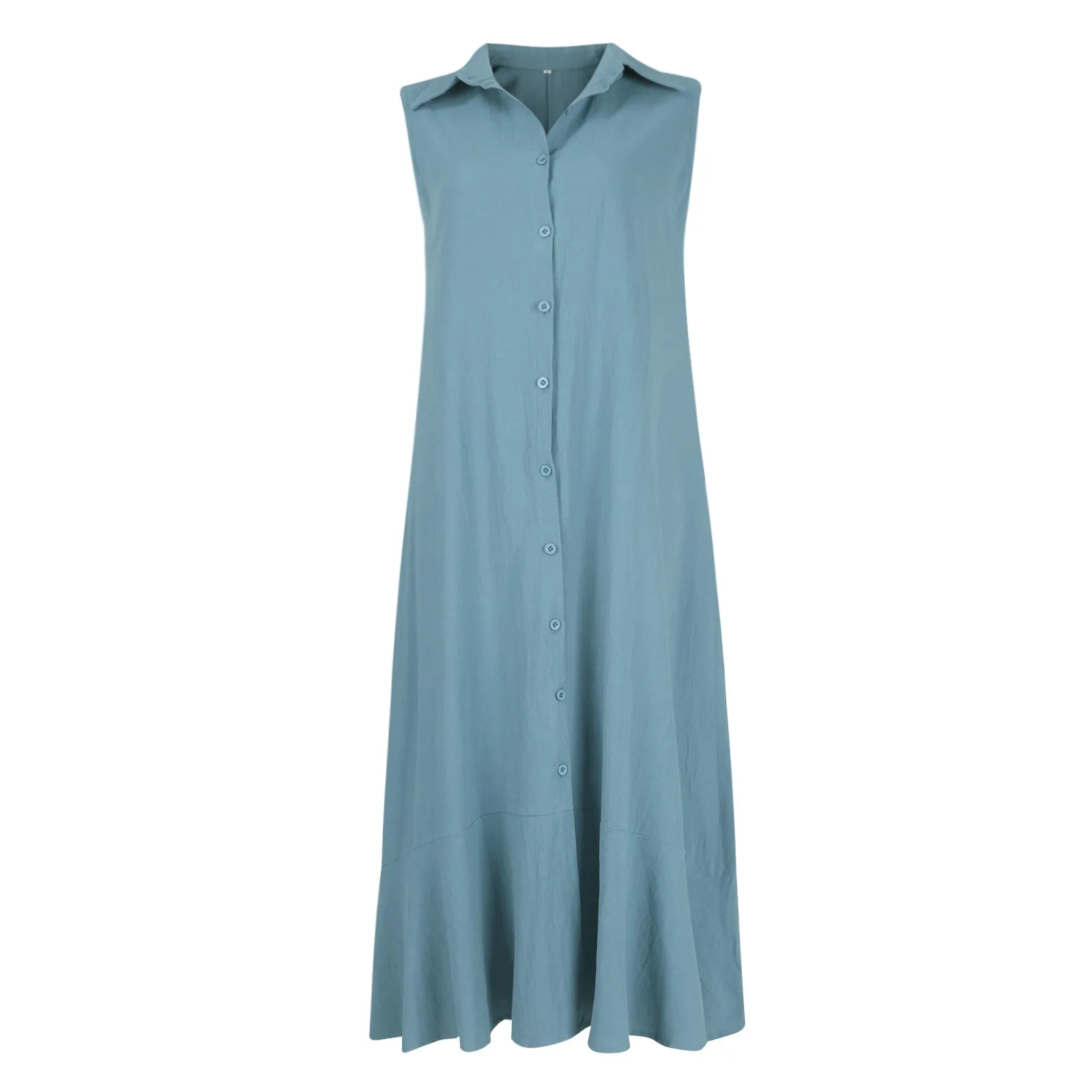 เดรสยาวคอปกแขนกุดสำหรับผู้หญิงชุดเดรสยาวสีทึบมีกระดุมทรงหลวมสำหรับฝ้ายลินินวันหยุดพักผ่อนขนาดใหญ่