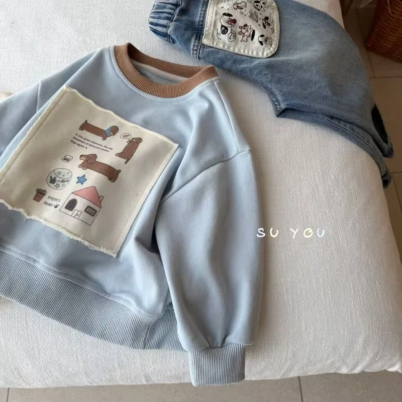 Spring 2026 Kids' round Neck Sweatshirt Thin Cotton Blend Fabric Cartoon Print Unisex Toddler And Kids' Fashionable Top