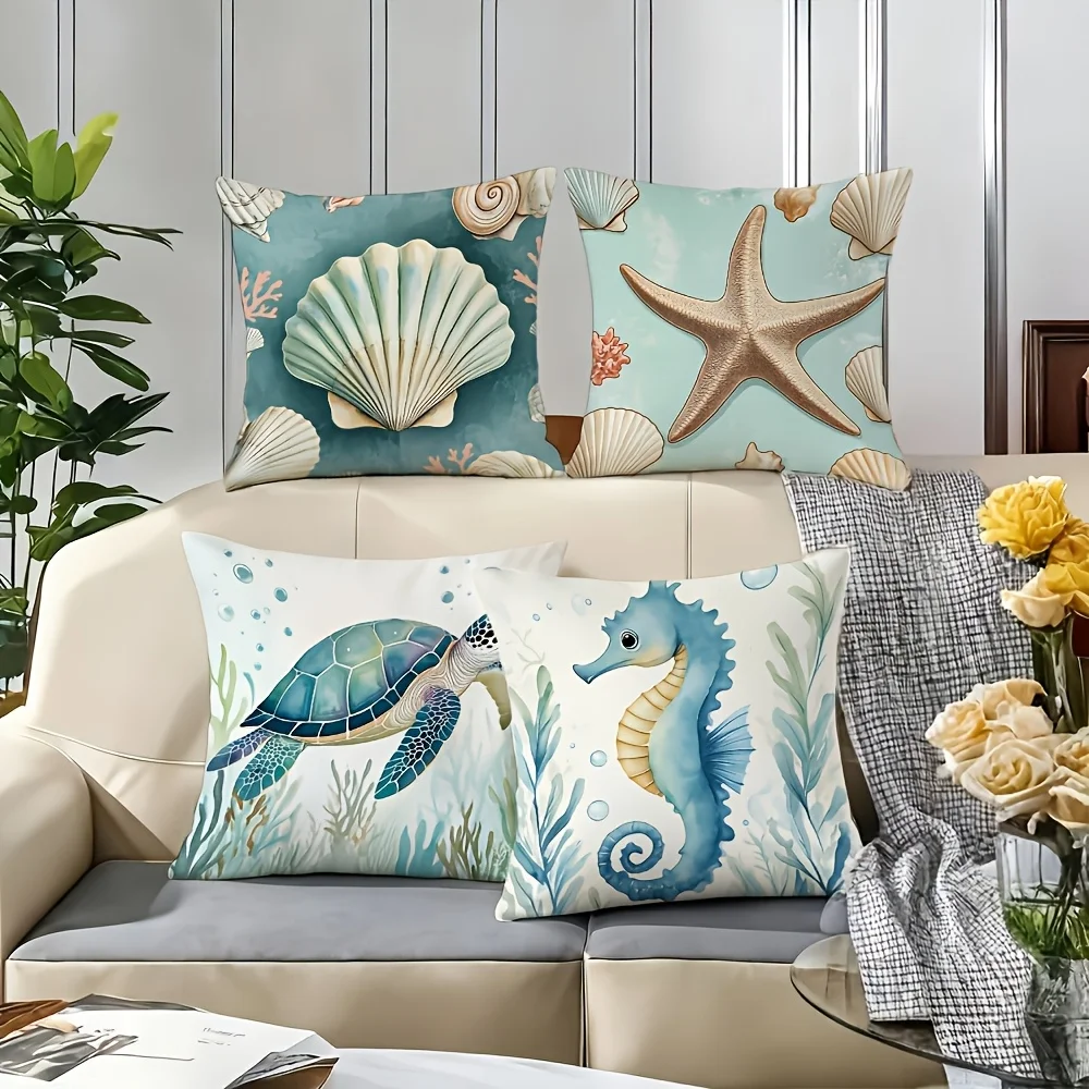 4Pcs Double‑Sided Ocean Themed Pillow Covers, Watercolor Seahorse Turtle Starfish Shell Seaweed Bubble Print Cushion Cases