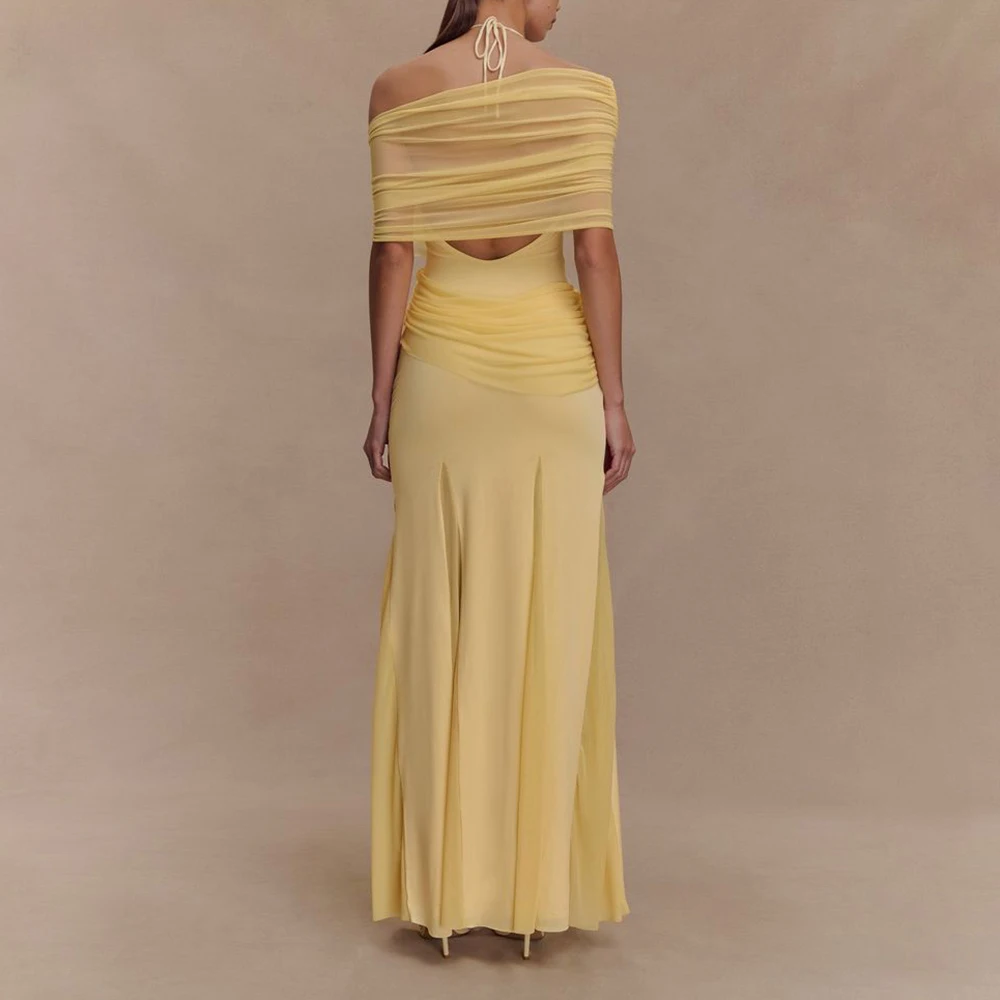 

Elegant Pastel Yellow Chiffon Maxi Dress Beach Wedding Guest Gown Illusion Halter Neck Sleeveless Off-the-shoulder Bckeless Gown