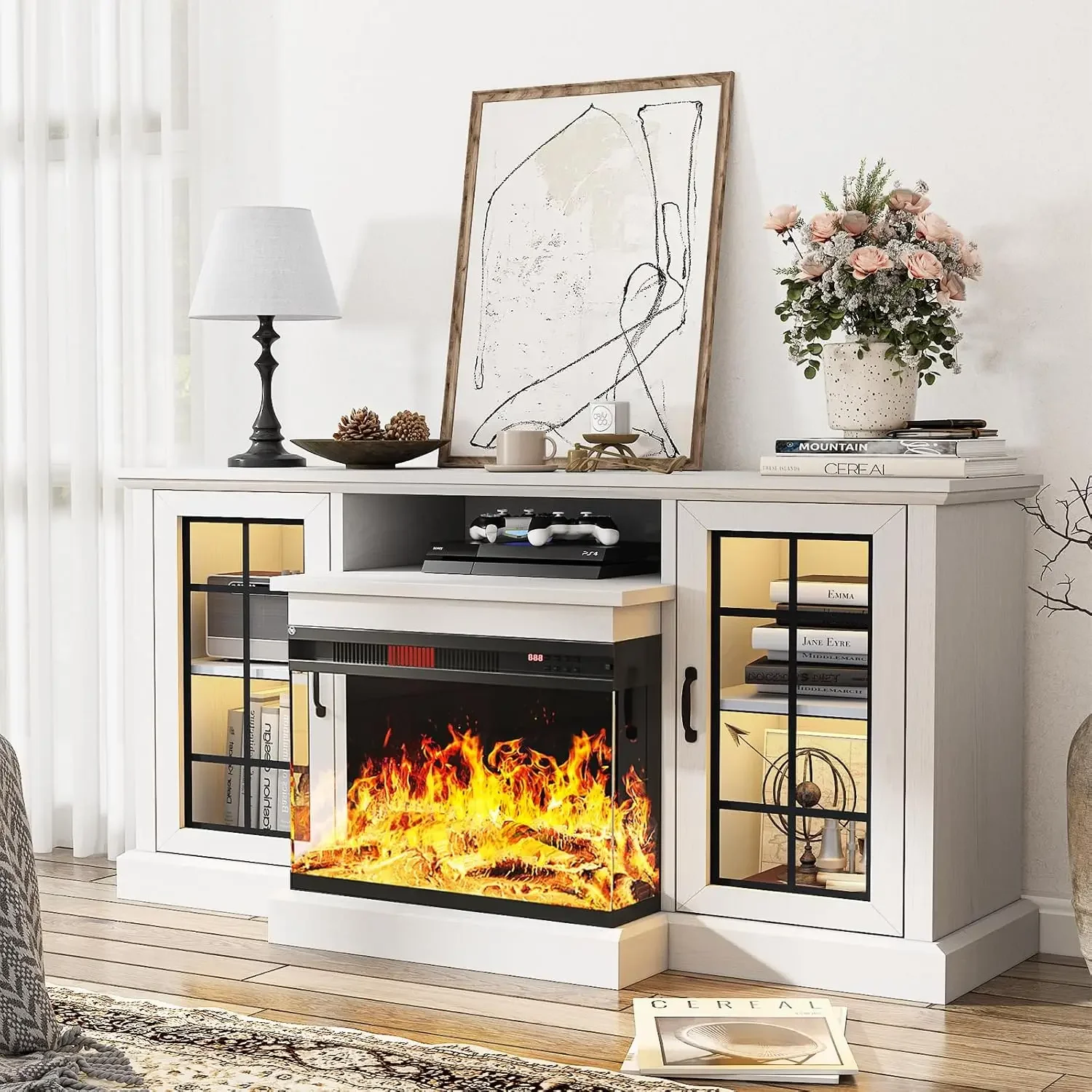

recommend.59'' Fireplace TV Stand, 3 Sided Glass Entertainment Center Console Table for TVs up to 65'' with Glass Door Adjustabl