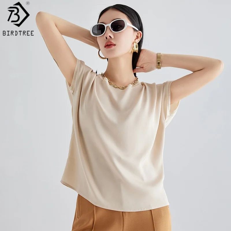 Birdtree, 90% Real Silk 10% Spandex T shirt, O-neck Satin Basics Tops, Women Short Sleeve Loose Shirt, 2026 Spring New T62233JF
