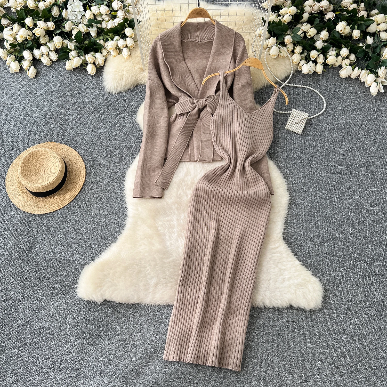 Women Two-Piece Sets Vintage Turn-down Collar Bandage Long Sleeve Top Straps Dresses Korean High Street Winter Knitted Clothing