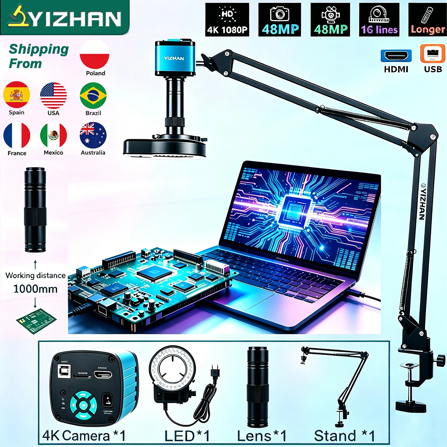 Yizhan 4K HD Cyfrowy Mikroskop Elektroniczny do Spawania Kamera Mikroskopowa HDMI/USB/VGA Obiektyw 150X Duże Pole Widzenia, Odległość Pracy 5-100cm, Elastyczne Ramię Artykulowane