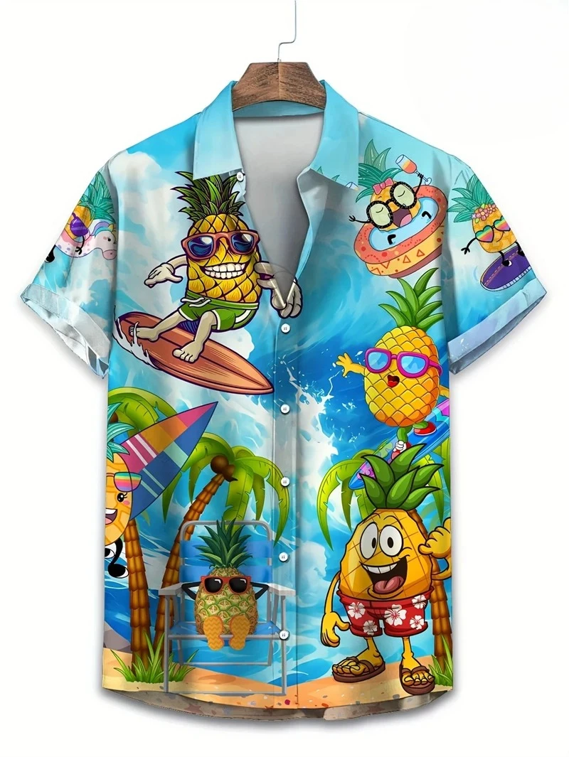 Hawaiian Men's Shirt Abstract Banana Pineapple 3D Printing Tee 2025 Funny Fruit Summer Blouse Lapel Short Sleeves Shirts Tops