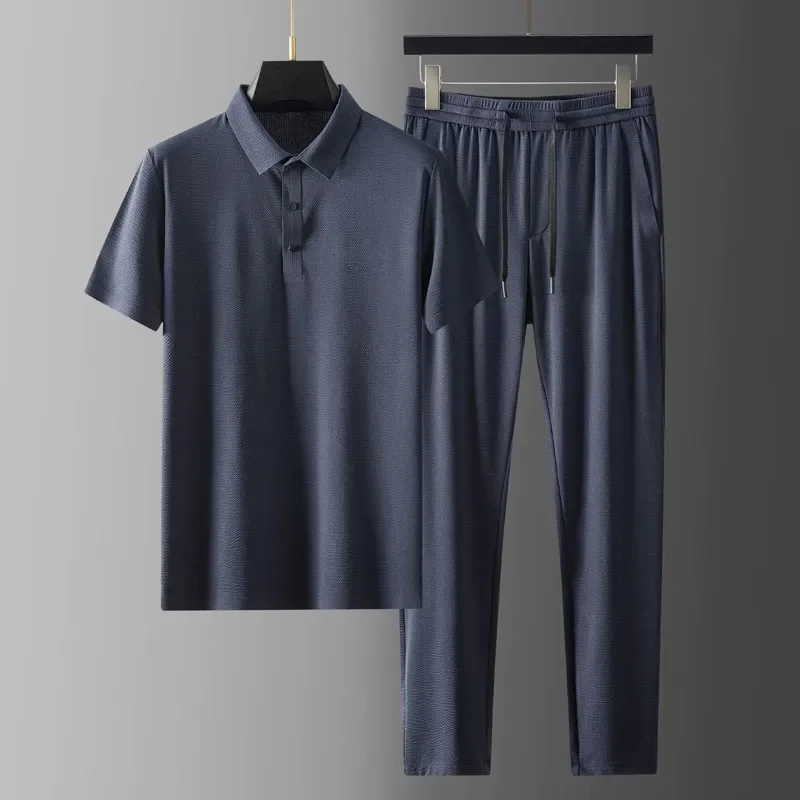 New Soft Silky Summer Mens Sets (t-shirt+pants) Luxury Seersucker Short Sleeve Sport Casual Male Sets Slim Fit Thin Man Suits