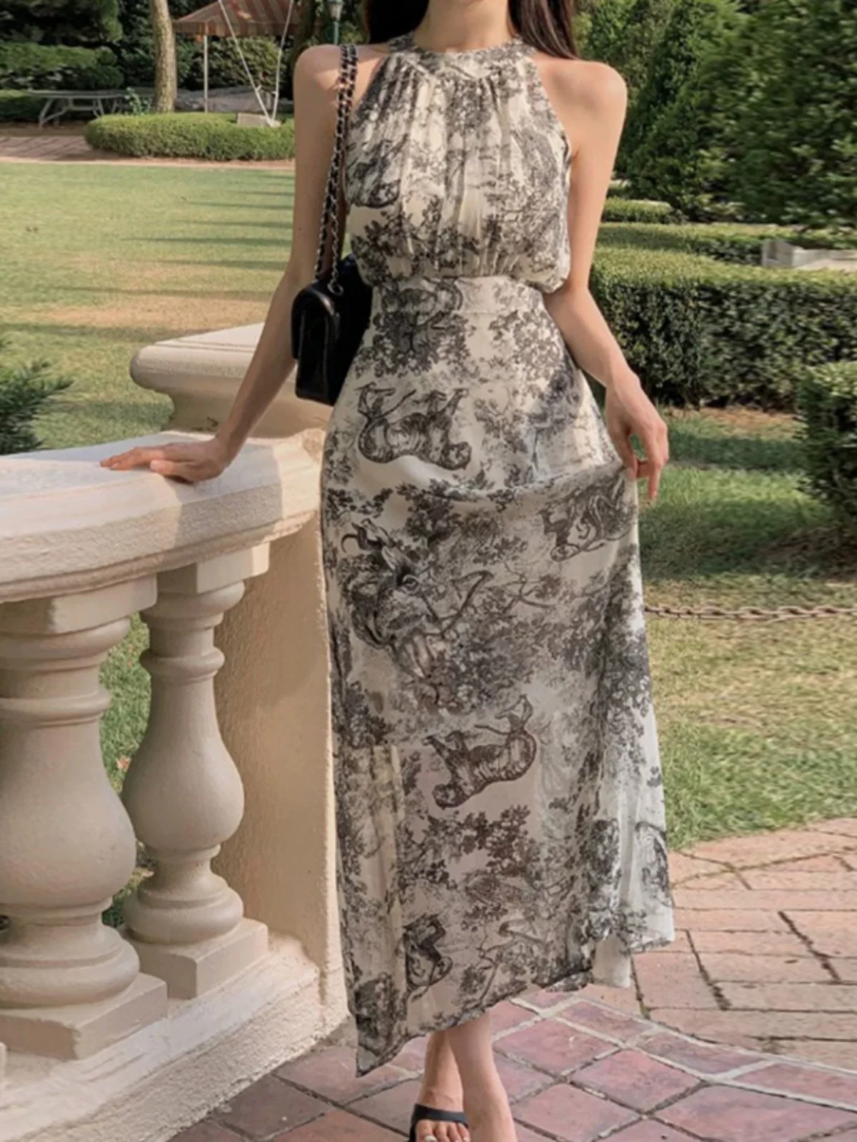 Retro Summer Watercolor Print Slimming Long Svel Dr Women's Hang Ne Sle Korean Version Polyester Fiber Vest Dr