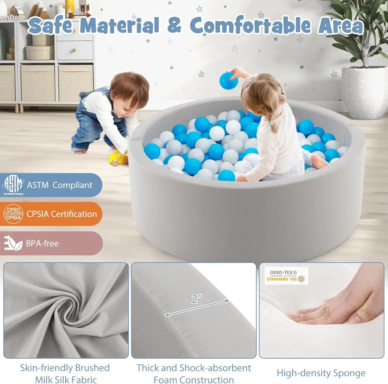 Fossa per palline in schiuma, grande piscina per palline rotonda morbida da 35,5 x 12 pollici con 200 palline oceaniche e custodia, box per bambini per interni ed esterni, pla