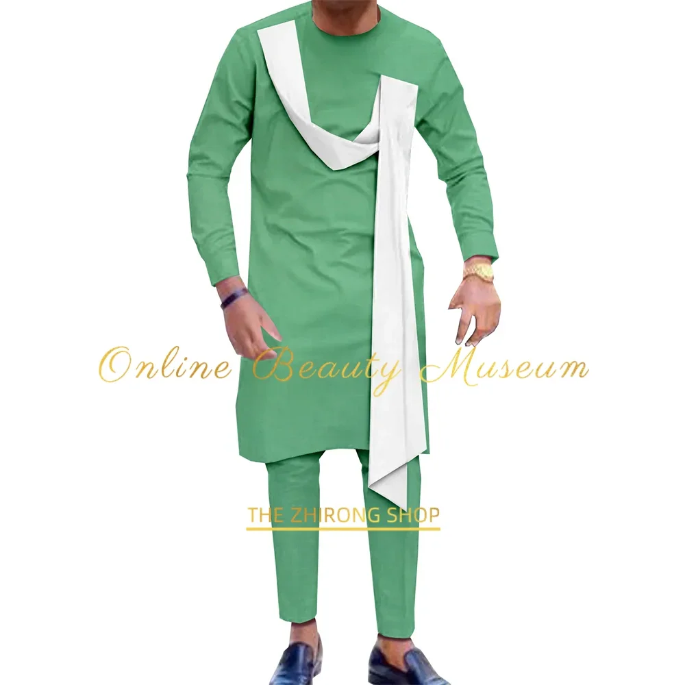 Tuxedo for Men's Wedding 2pcs Set African Traditional Attire Long Sleeve Dashiki Shirts & Pants Tribal Outfits for Prom Party