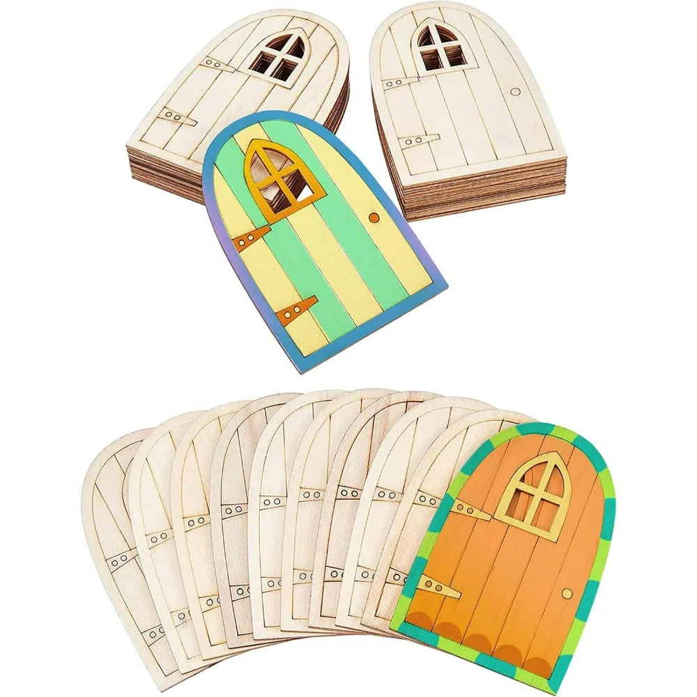 30 Pcs Unpainted Wooden Fairy Door, Mini Blank Garden Door Pieces Hollow Out Wood Elf Door for Miniature DIY Christmas Craft