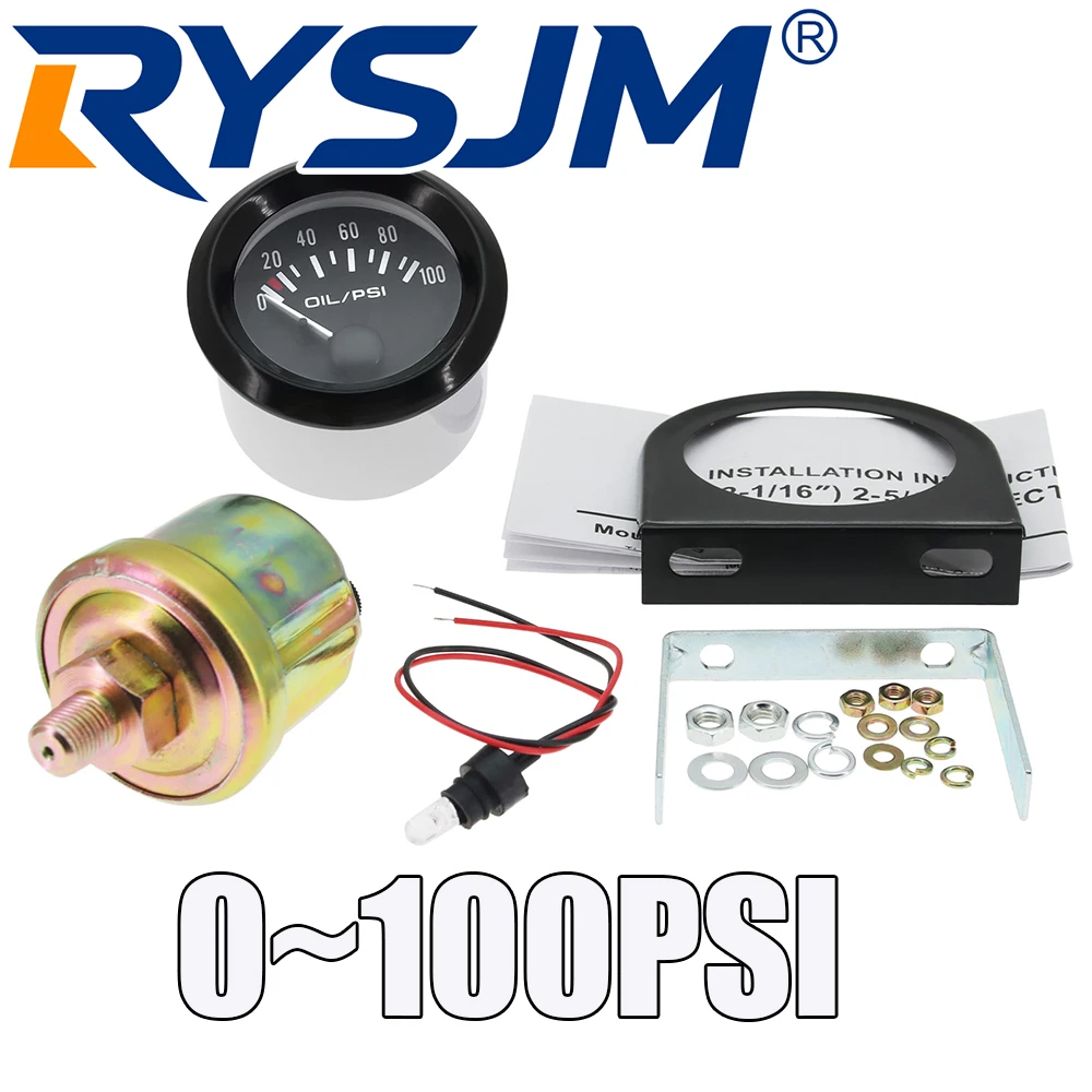 0-100PSI 52MM Oil Pressure Gauge with Sensor 1/8NPT White LED Backlight Oil Press Meter for Petrol Car 12VDC Automobile
