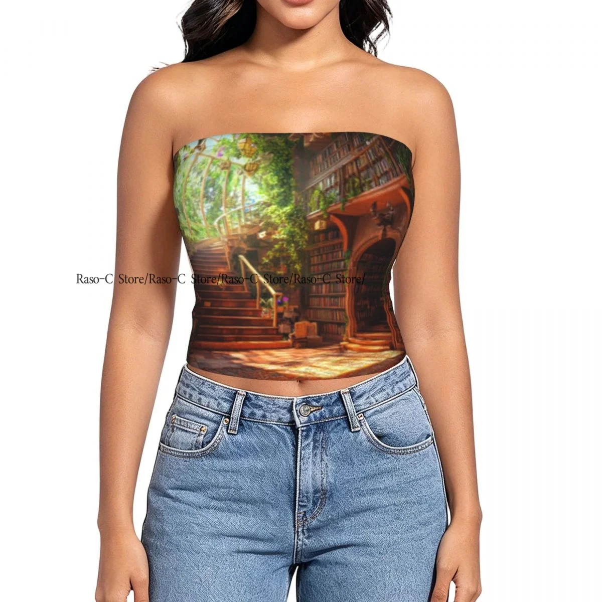 Women's strapless halter top Fantasy Library With Bookshelves summer sexy short-sleeved top