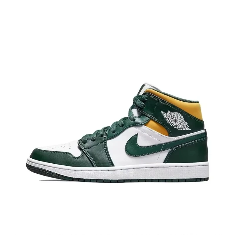 Air Jordan 1 Mid Seattle Supersonics Tênis de basquete retrô de cano alto masculino branco verde amarelo 554724 -371