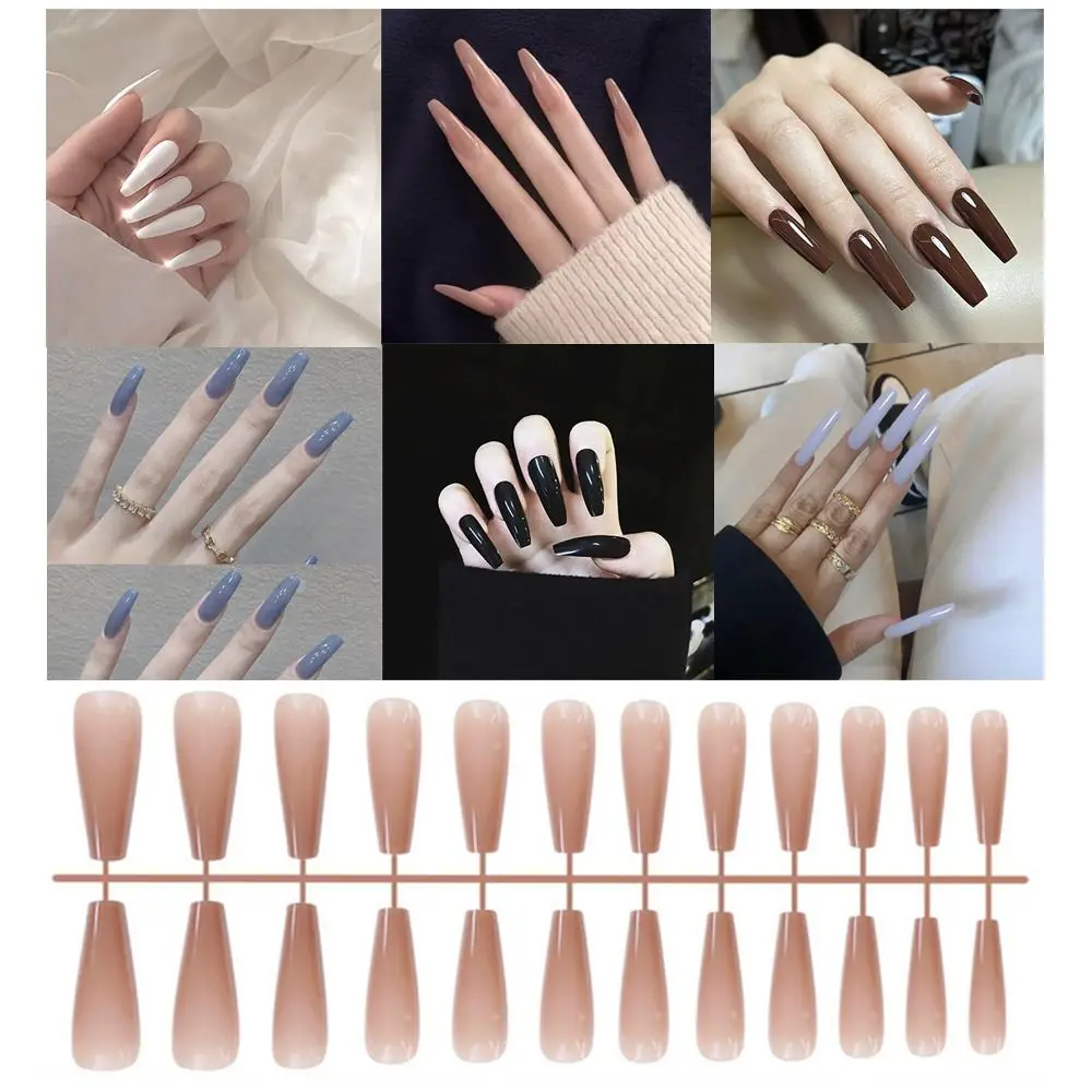 Unhas postiças monocromáticas para mulheres, unhas postiças destacáveis, cabeça redonda longa, manicure de cobertura total, unhas de pressão, foscas, usáveis, 24 peças