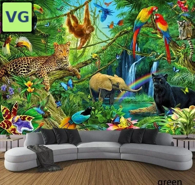 Jungle Animal Tapestry, Vibrant Rainforest Wildlife Wall Hanging, Tropical Parrot & Leopard Decor for Kids Room Living Room