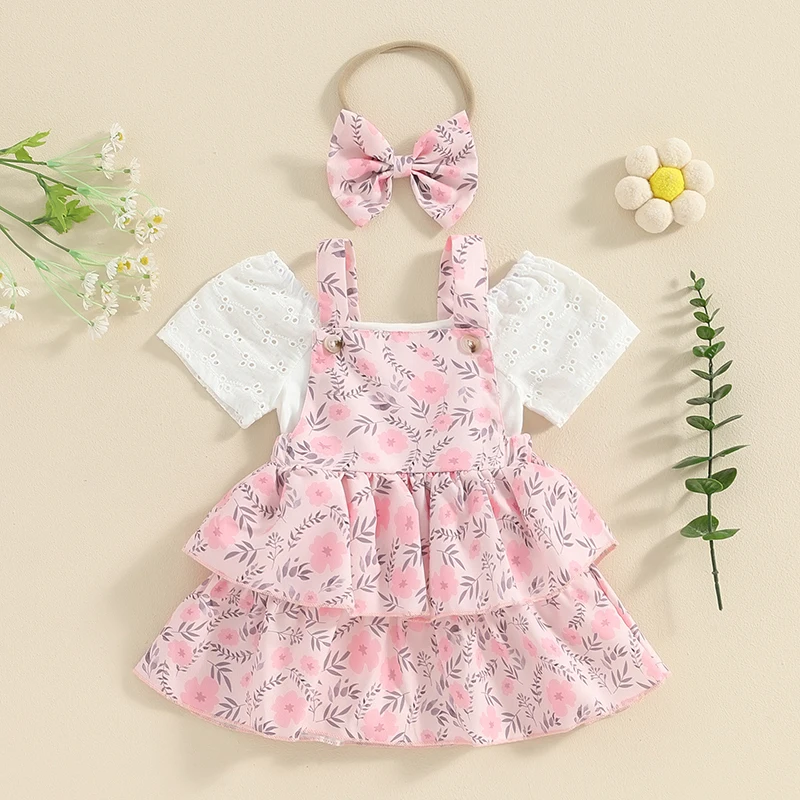 Baby Girls Outfits Bubble Short Sleeve Romper Flower Suspender Skirt Overall Dress Summer Clothes