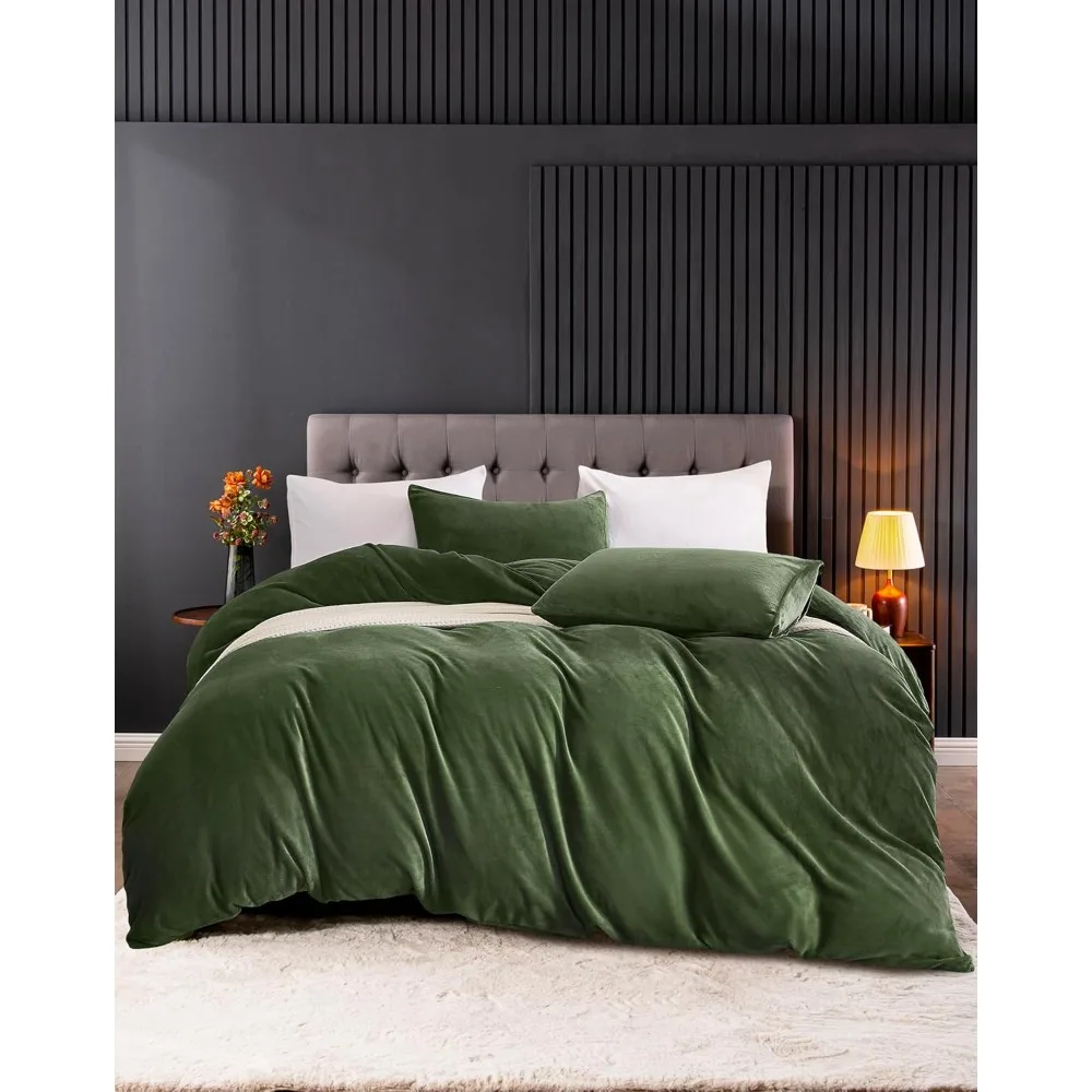 

JELLYMONI Green Velvet Duvet Cover Queen Size - Ultra Soft Flannel Comforter Cover, 3-Piece Luxury Fluffly Duvet Cover with 8 Co