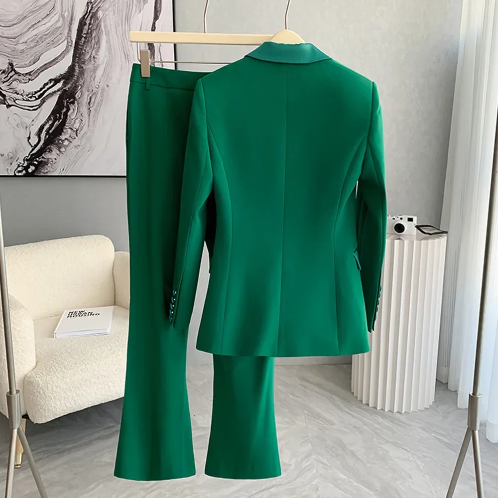 Green Women Suits Set 2 Pieces Blazer+Pants Cotton Jacket Female Spring Office Lady Work Wear Coat Single Breasted Prom Dress