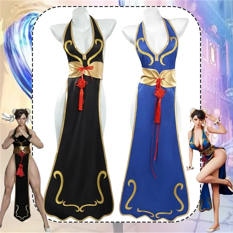 

ABC123CosplayGame Chun Li Cosplay Costume Sutorito Faita Blue Black Sexy Dress Cheongsam Bodysuit Headwear Set Women H3'd,5;h.9/