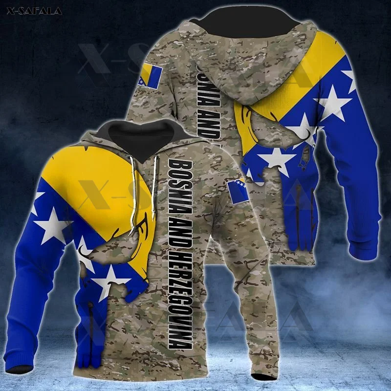 BOSNIA HERZEGOVINA SKULL CAMO Army  Printed Zipper Hoodie Man Pullover Sweatshirt Hooded Jacket Jersey Tracksuits Shirt Apparel