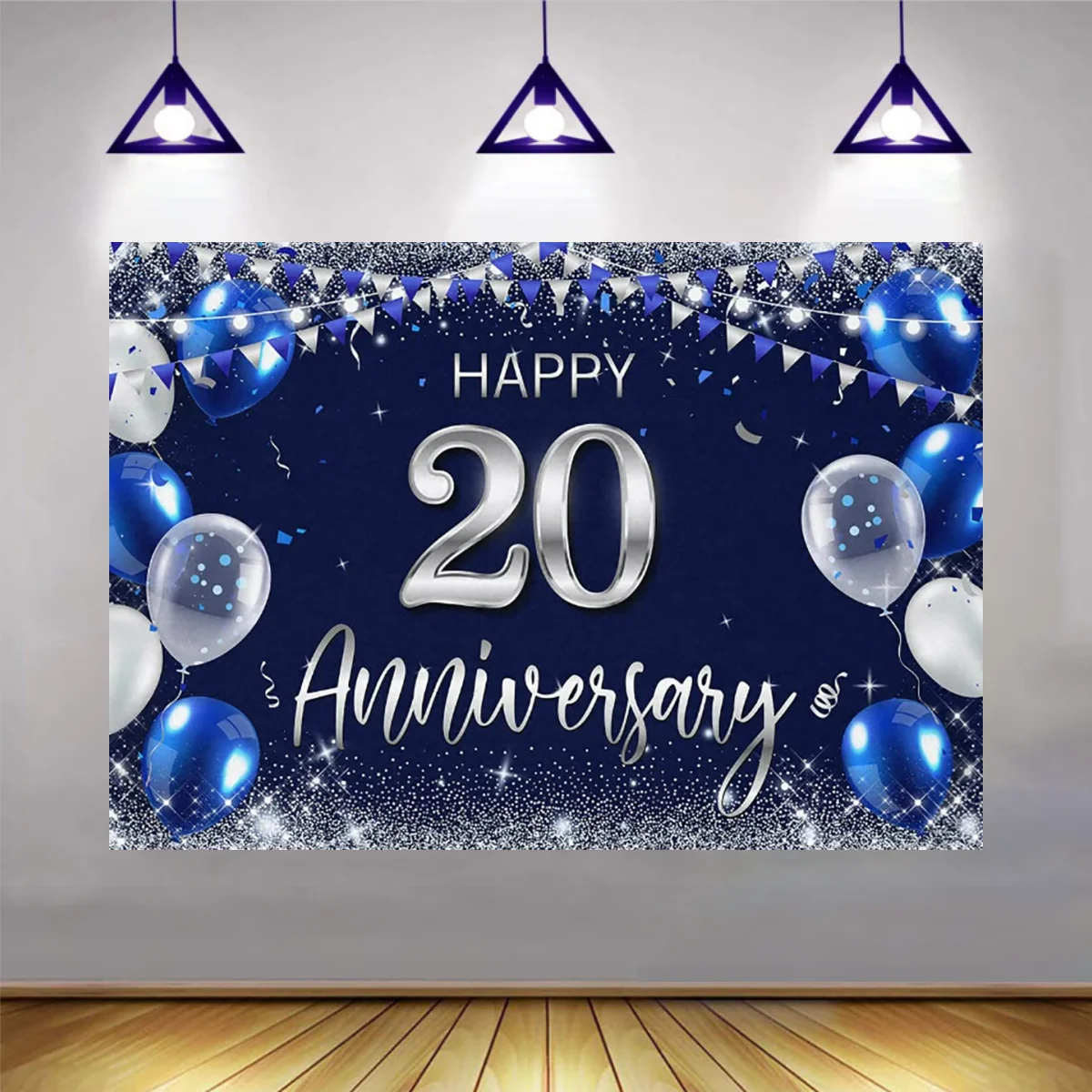 Happy 20th Birthday Backdrop Blue Gold Glitter 20 Year Birthday Anniversary Party Decoration for Women Men Cake Photo Background